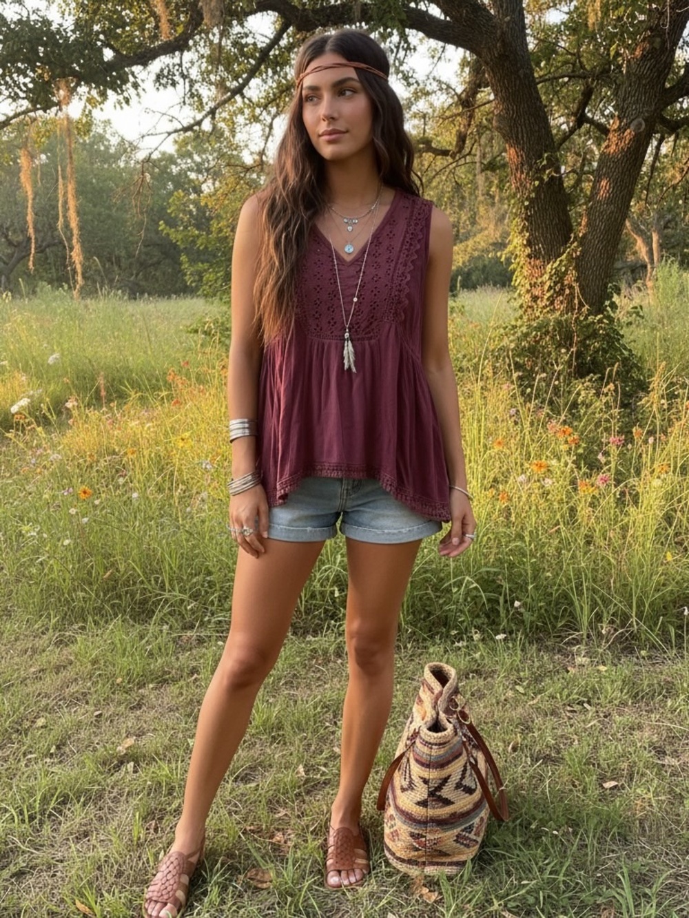 Knox Rose Sleeveless Boho Top With Trim- Burgundy